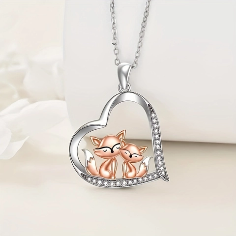 Stainless Steel Chain Alloy Heart Fox Mother Child Pendant Necklace Rose Gold Silver Two-Tone Zirconia Jewelry For Women