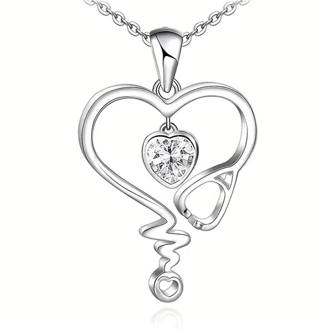 Herz Stethoskop Anhänger Halskette Kupfer Zirkonia Silberfarben Medizin Krankenschwester Schmuck Geschenk Für Frauen
