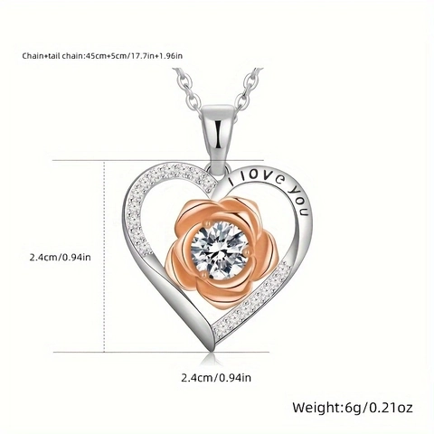 Alloy Rose Heart Birthstone Pendant Necklace With Stainless Steel Cable Chain I Love You Engraved Romantic Jewelry For Women Gift