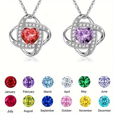 Fashion Birthstone Heart Necklace Stainless Steel Chain Alloy Rhinestone Infinity Knot Lucky Clover Pendant Women Jewelry Gift