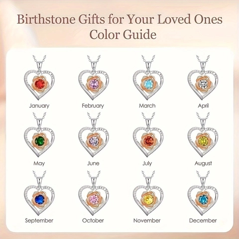 Alloy Rose Heart Birthstone Pendant Necklace With Stainless Steel Cable Chain I Love You Engraved Romantic Jewelry For Women Gift