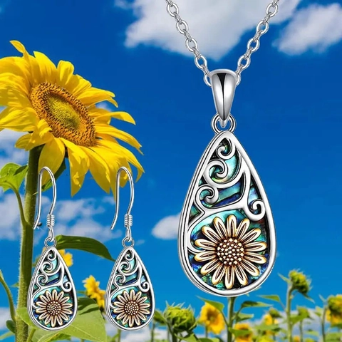 Vintage Sunflower Teardrop Jewelry Set Alloy Enamel Abalone Shell Look Necklace Earrings Stainless Steel Chain For Women
