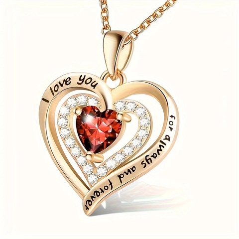 Alloy Heart Pendant Necklace With 12 Month Birthstone And Rhinestone I Love You Engraved Double Heart Jewelry Gift For Women Romantic