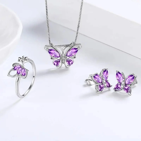 Vlinder Sieraden Collectie Voor Dames Legering Strass Vlinder Hanger Ketting Oorknopjes Verstelbare Open Ring En Schuifarmband