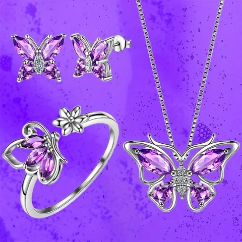 Vlinder Sieraden Collectie Voor Dames Legering Strass Vlinder Hanger Ketting Oorknopjes Verstelbare Open Ring En Schuifarmband