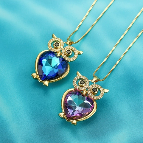 Legierung Herz Kristall Eule Anhänger Halskette Für Damen Elegant Strass Eingelegt Boxkette Schlüsselbein Kette Schmuck Geschenk