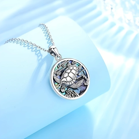 Sea Turtle Necklace For Women Kids Colorful Acrylic Inlay Round Pendant Stainless Steel Chain Alloy Ocean Theme Jewelry Gift