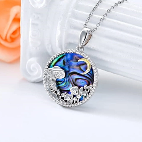 Vintage Mushroom Forest Moon Round Pendant Necklace For Women Stainless Steel Chain Alloy Dreamy Nightscape Jewelry Gift