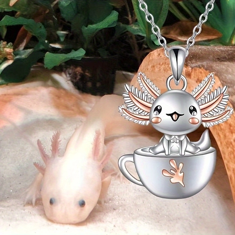 Cute Cartoon Axolotl Teacup Pendant Necklace And Earrings Stainless Steel Chain Alloy Jewelry For Women Girls Birthday Gift