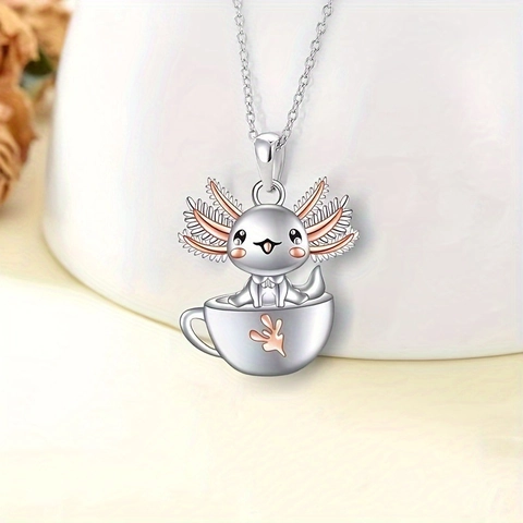 Cute Cartoon Axolotl Teacup Pendant Necklace And Earrings Stainless Steel Chain Alloy Jewelry For Women Girls Birthday Gift