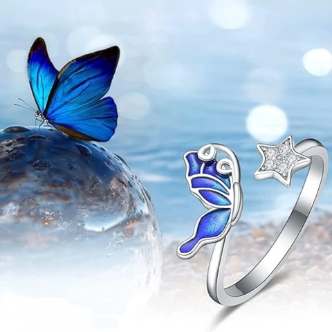 Butterfly Star Adjustable Open Ring Blue Enamel Alloy Rhinestone Jewelry For Women Elegant Forest Style Finger Ring Gift