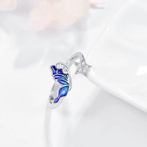Butterfly Star Adjustable Open Ring Blue Enamel Alloy Rhinestone Jewelry For Women Elegant Forest Style Finger Ring Gift