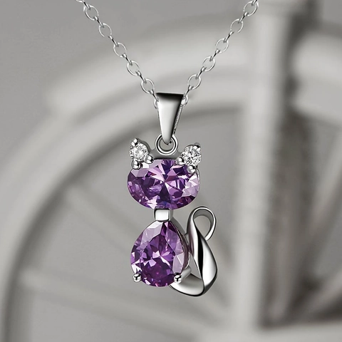 Fashion Alloy Crystal Cat Pendant Necklace Jewelry Set For Women Rhinestone Heart Animal Shape Stainless Steel Chain Jewelry Gift