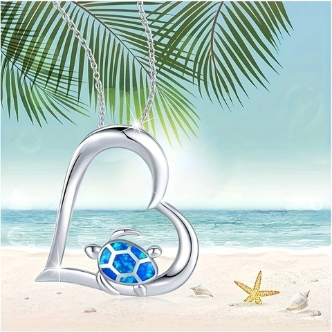 Women Ocean Style Heart Sea Turtle Pendant Necklace Zinc Alloy Drip Oil Jewelry For Beach Vacation Gift