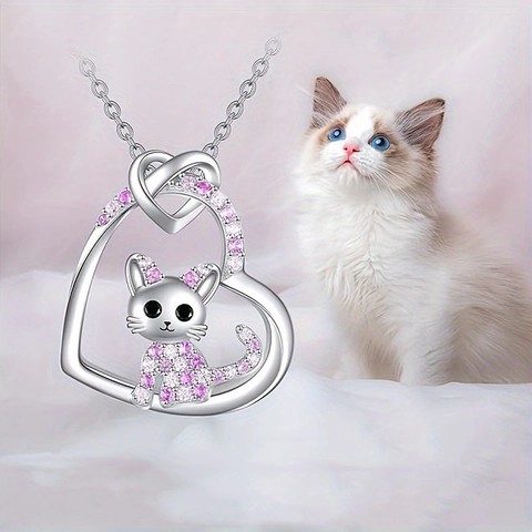 Cute Cartoon Cat Heart Pendant Necklace Alloy Inlaid Pink White Rhinestone Silver Necklace Jewelry For Women Kids Girls Gift