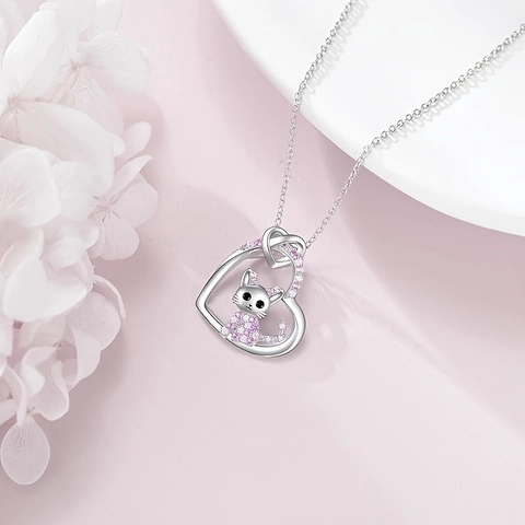 Cute Cartoon Cat Heart Pendant Necklace Alloy Inlaid Pink White Rhinestone Silver Necklace Jewelry For Women Kids Girls Gift