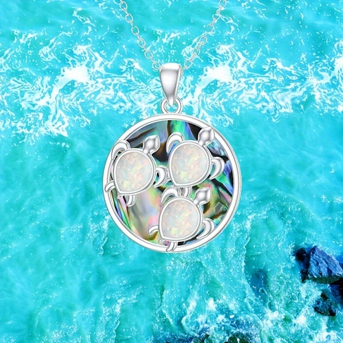 Collier Pendentif Tortue en Alliage Élégant Rond Acrylique Fausse Opale Coquille d'Abalone Chaîne Argentée Bijoux Animaux Marins pour Femmes Plage