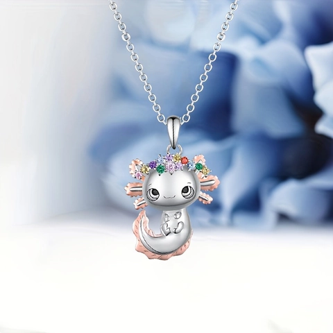 Cute Cartoon Axolotl Pendant Necklace Earrings Colorful Rhinestones Alloy Animal Jewelry For Children Women Birthday Gift