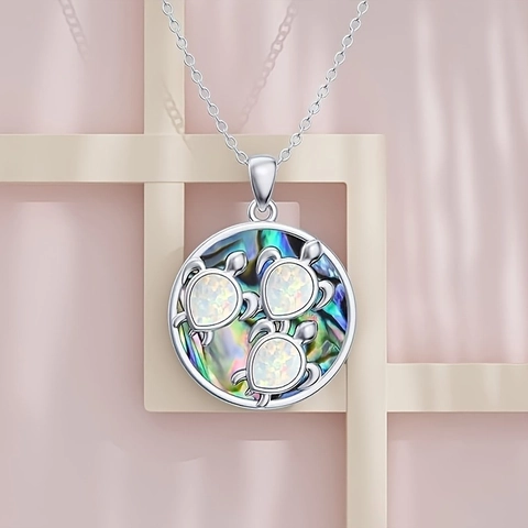 Collier Pendentif Tortue en Alliage Élégant Rond Acrylique Fausse Opale Coquille d'Abalone Chaîne Argentée Bijoux Animaux Marins pour Femmes Plage