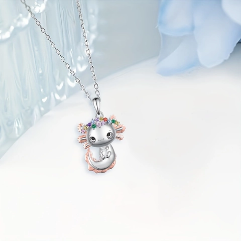 Cute Cartoon Axolotl Pendant Necklace Earrings Colorful Rhinestones Alloy Animal Jewelry For Children Women Birthday Gift