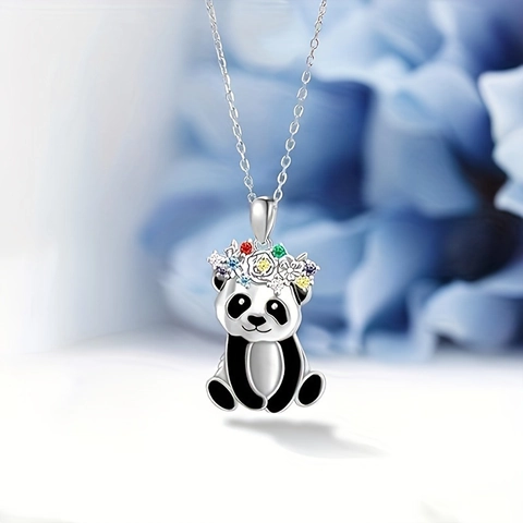 Cute Panda Floral Crown Necklace Earrings Jewelry Set Alloy Rhinestone Enamel Animal Pendant Jewelry For Women Girls Gift