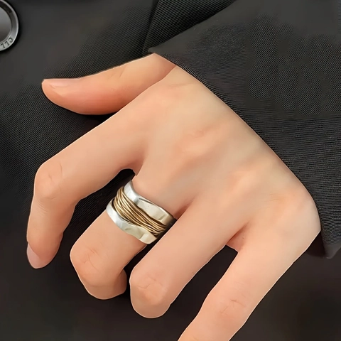 Vintage Two Tone Gold Silver Wire Wrap Wide Band Alloy Geometric Ring For Men Women Minimalist Industrial Fashion Jewelry