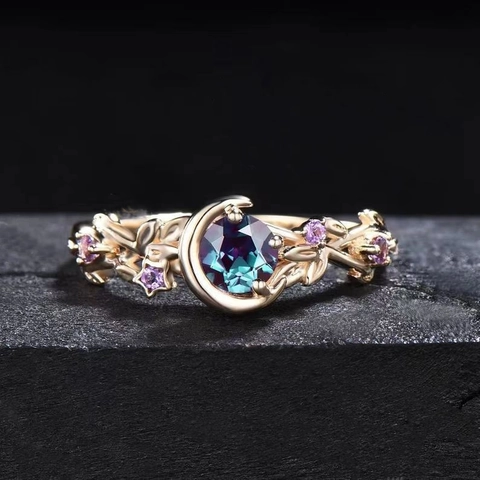 Vintage Alloy Moon Flower Vine Ring For Women Gold Silver Plated Purple Rhinestone Zirconia Engagement Wedding Party Jewelry
