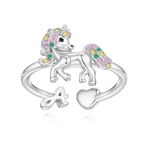 Unicorn Adjustable Opening Ring Colorful Rhinestone Inlaid Alloy Silver Color Heart Initial Letter Finger Ring Jewelry