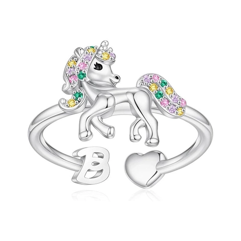 Unicorn Adjustable Opening Ring Colorful Rhinestone Inlaid Alloy Silver Color Heart Initial Letter Finger Ring Jewelry