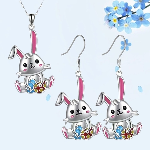 Collier Et Boucles D'Oreilles Pendentif Lapin Dessin Animé Œuf De Pâques En Alliage Émail Bijoux Pour Femmes Filles
