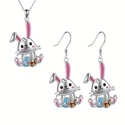 Collier Et Boucles D'Oreilles Pendentif Lapin Dessin Animé Œuf De Pâques En Alliage Émail Bijoux Pour Femmes Filles