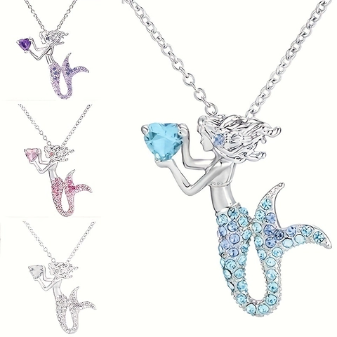 Collier Pendentif Queue de Sirène à la Mode pour Femme en Alliage Strass Coeur Cristal Chaîne Bijoux Cadeau