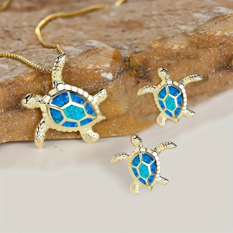Süße Meeresschildkröte Anhänger Halskette Ohrringe Schmuckset Gold Roségold Legierung Tropföl See Tier Schmuck Für Damen Geschenk