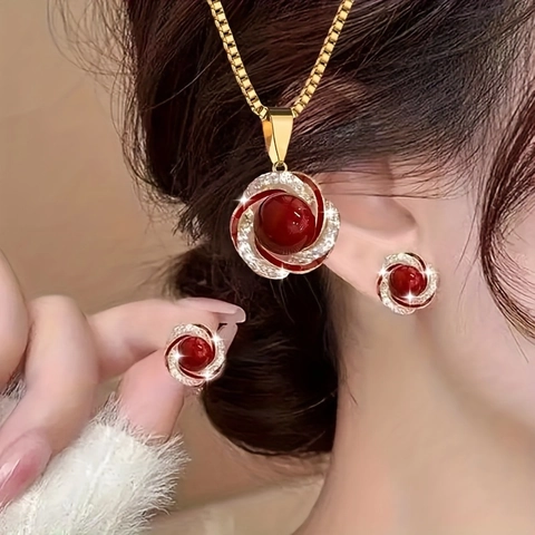 Elegant Alloy Pearl Rhinestone Flower Jewelry Set Gold Box Chain Necklace Stud Earrings For Women Party Wedding Banquet Gift