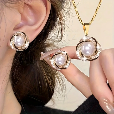 Elegant Alloy Pearl Rhinestone Flower Jewelry Set Gold Box Chain Necklace Stud Earrings For Women Party Wedding Banquet Gift