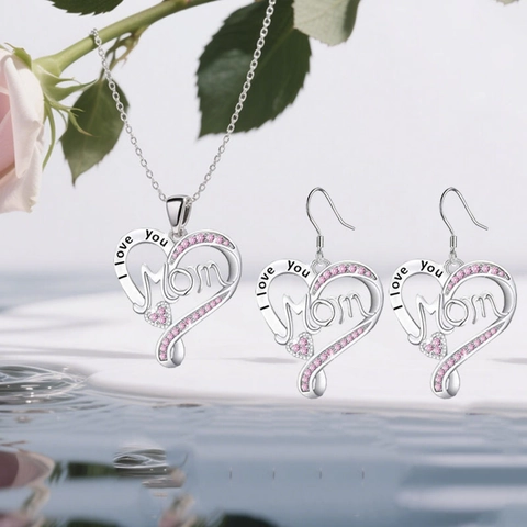 Fashion Alloy Rhinestone Hollow Heart I Love You Mom Letter Pendant Necklace Dangle Earrings Mothers Day Gift Women Jewelry