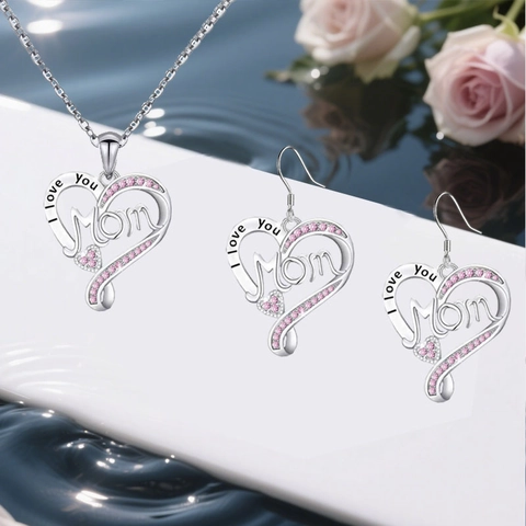 Fashion Alloy Rhinestone Hollow Heart I Love You Mom Letter Pendant Necklace Dangle Earrings Mothers Day Gift Women Jewelry