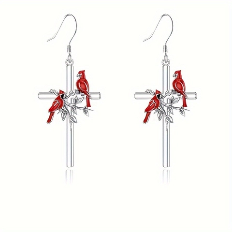 Cardinal Bird Cross Pendant Necklace Alloy Enamel Red Bird Tree Leaf Branch Jewelry Set With Hook Earrings For Women