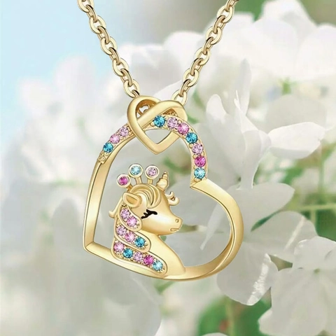 Colorful Unicorn Heart Pendant Necklace For Girls Kids Alloy Rhinestone Hollow Horse Charm Chain Jewelry Gift
