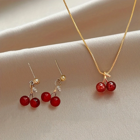 Sweet Red Cherry Pendant Necklace Earrings Jewelry Set Gold Plated Alloy Rhinestone Fruit Theme Jewelry For Women Girls