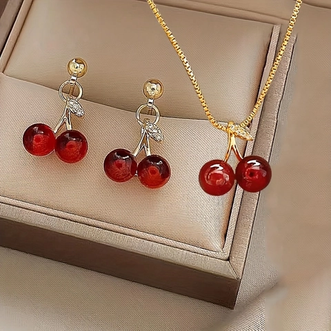 Sweet Red Cherry Pendant Necklace Earrings Jewelry Set Gold Plated Alloy Rhinestone Fruit Theme Jewelry For Women Girls