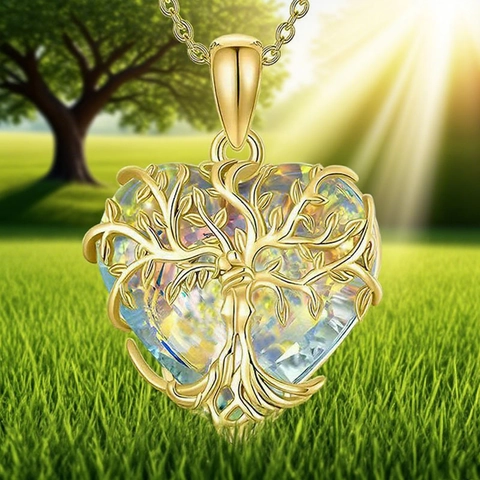 Gold Plated Alloy Hollow Heart Tree Of Life Pendant Necklace Rainbow Glass Crystal Jewelry For Women Daily Wearing Gift