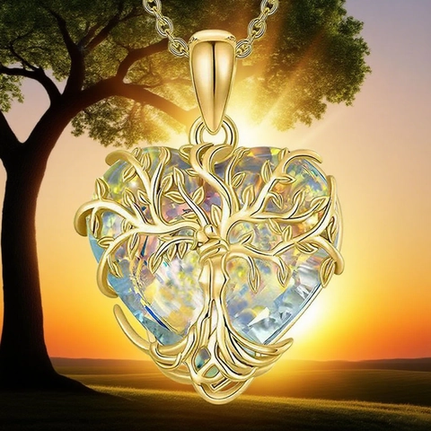 Gold Plated Alloy Hollow Heart Tree Of Life Pendant Necklace Rainbow Glass Crystal Jewelry For Women Daily Wearing Gift