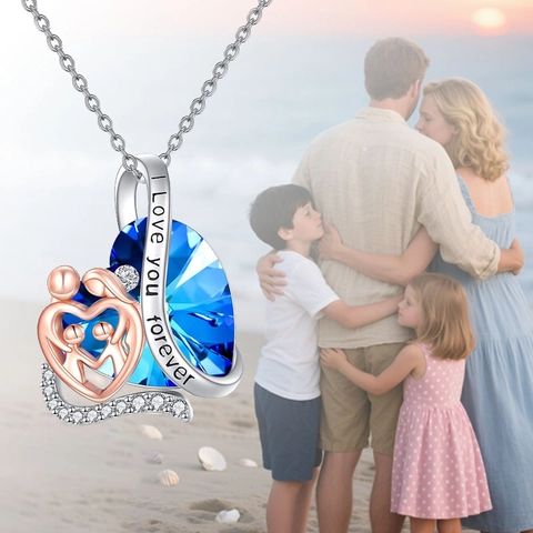 Alloy Heart Of The Sea Pendant Necklace Blue Artificial Crystal Family Silhouette Engraved Lettering Mother's Day Jewelry Gift For Women
