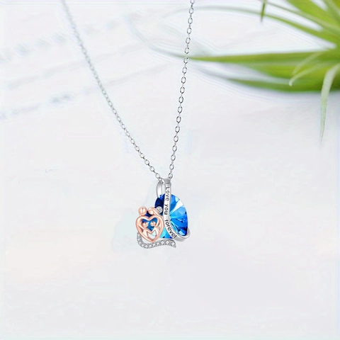 Alloy Heart Of The Sea Pendant Necklace Blue Artificial Crystal Family Silhouette Engraved Lettering Mother's Day Jewelry Gift For Women
