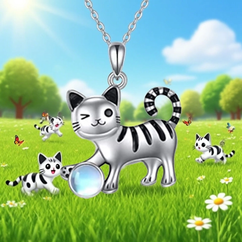 Cute Winking Tabby Cat Jewelry Set Alloy Enamel Striped Kitten Pendant Necklace Hook Earrings With Blue Faux Moonstone Women Girls Gift