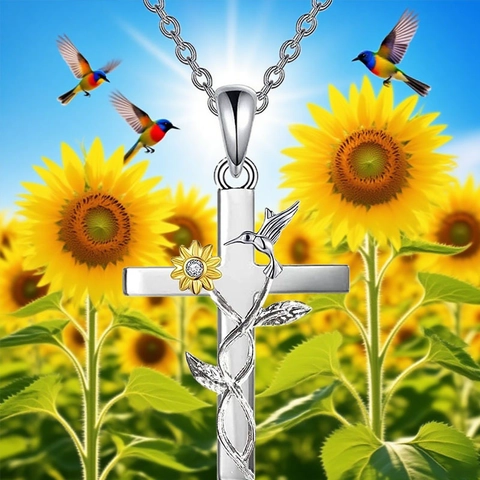 Alloy Sunflower Hummingbird Cross Pendant Necklace Earrings Set With Zirconia For Women Fashion Religious Jewelry Gift