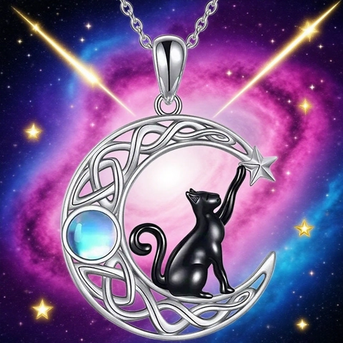 Vintage Alloy Black Cat Moon Pendant Necklace Earrings Jewelry With Rhinestone Artificial Moonstone Women Accessories