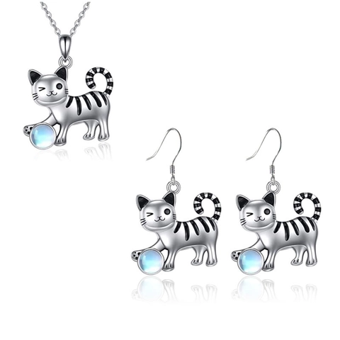 Cute Winking Tabby Cat Jewelry Set Alloy Enamel Striped Kitten Pendant Necklace Hook Earrings With Blue Faux Moonstone Women Girls Gift