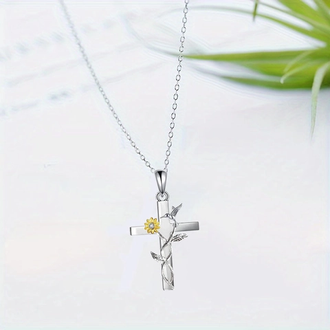 Alloy Sunflower Hummingbird Cross Pendant Necklace Earrings Set With Zirconia For Women Fashion Religious Jewelry Gift
